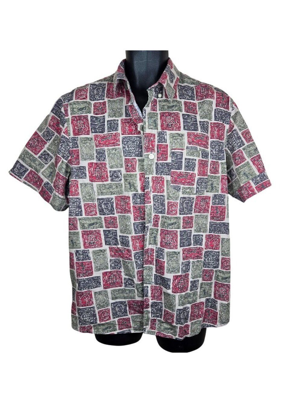 Kennington Mens XL Short Sleeve Button-Down Camp Shirt Red Green Stamps Philatel